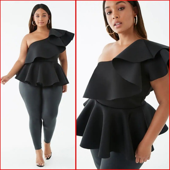 Tops - 2X  One-Shoulder Flounce Top